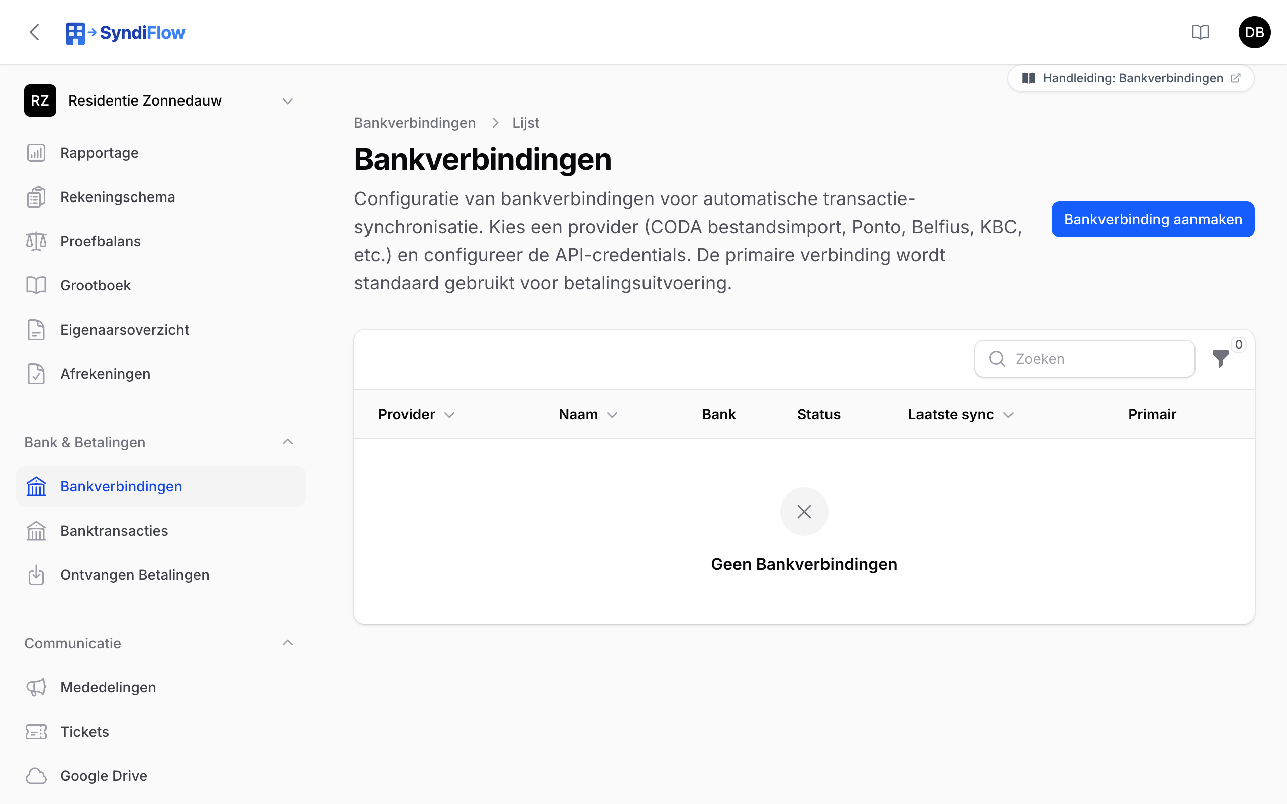 Lijst van bankverbindingen met provider, naam, bank, status en primaire verbinding