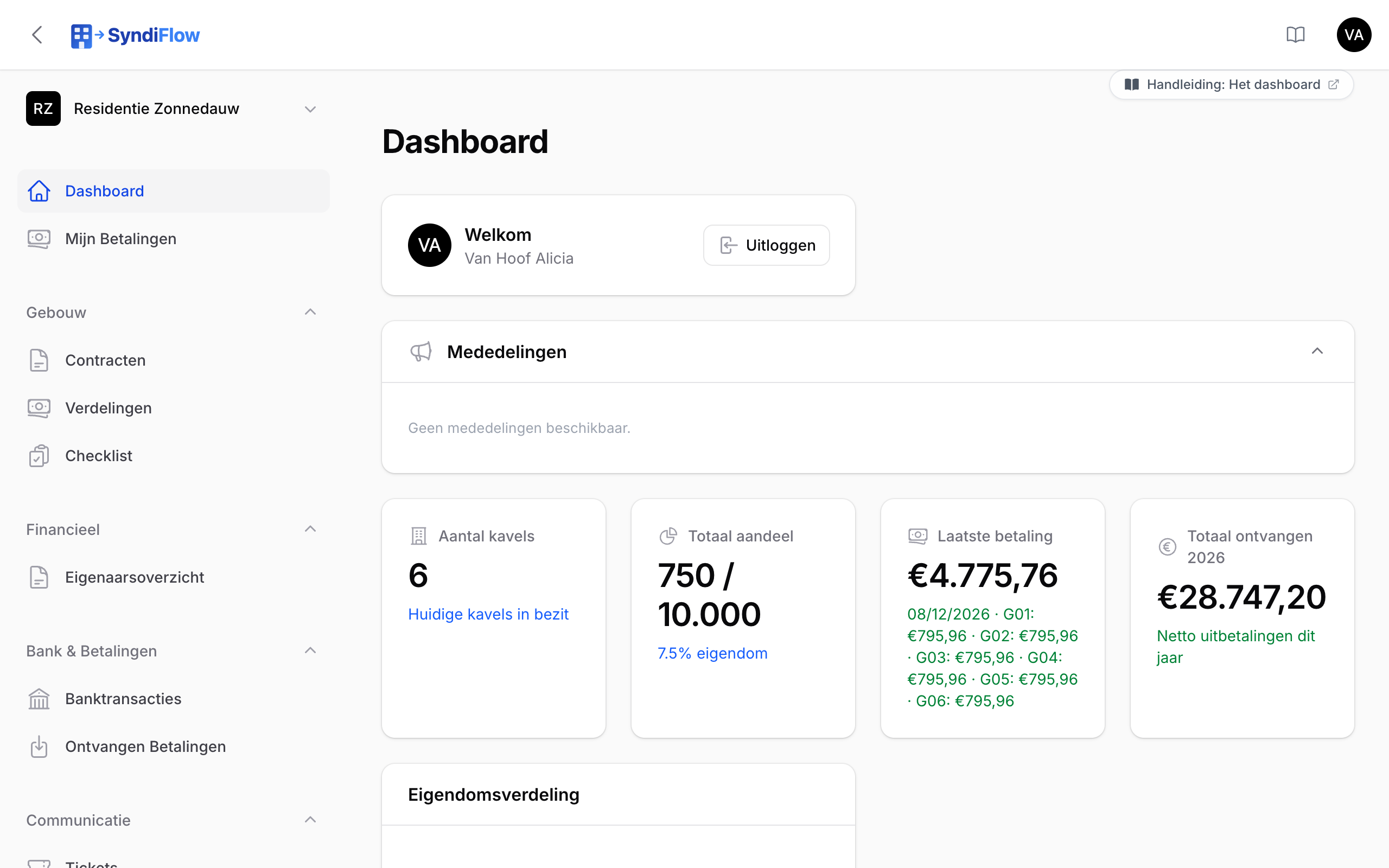 Het dashboard van een mede-eigenaar met mededelingen, eigenaarscijfers, kaveltabel en betalingsgeschiedenis