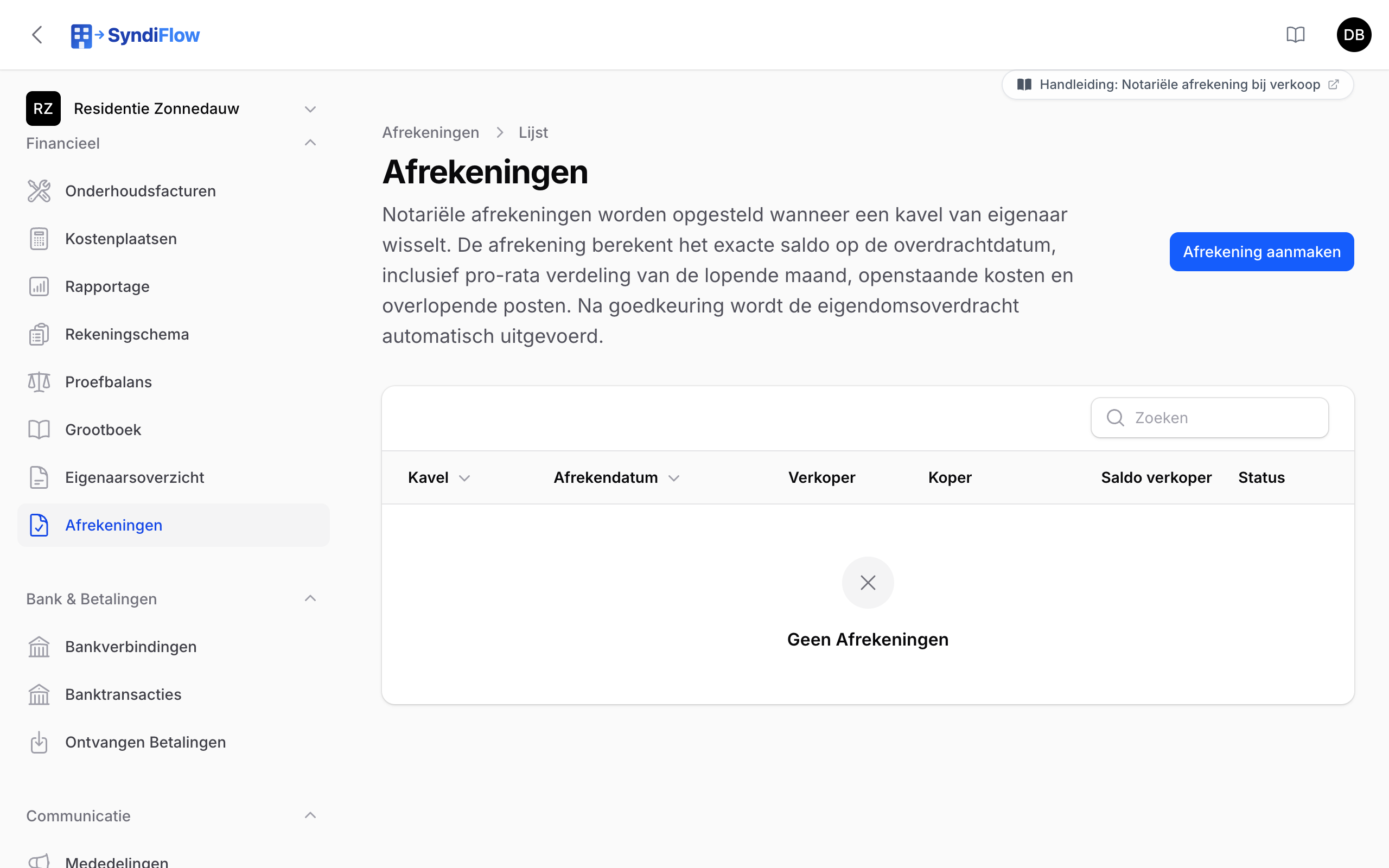 Lijst van afrekeningen met kavel, afrekendatum, verkoper, koper, saldo en status