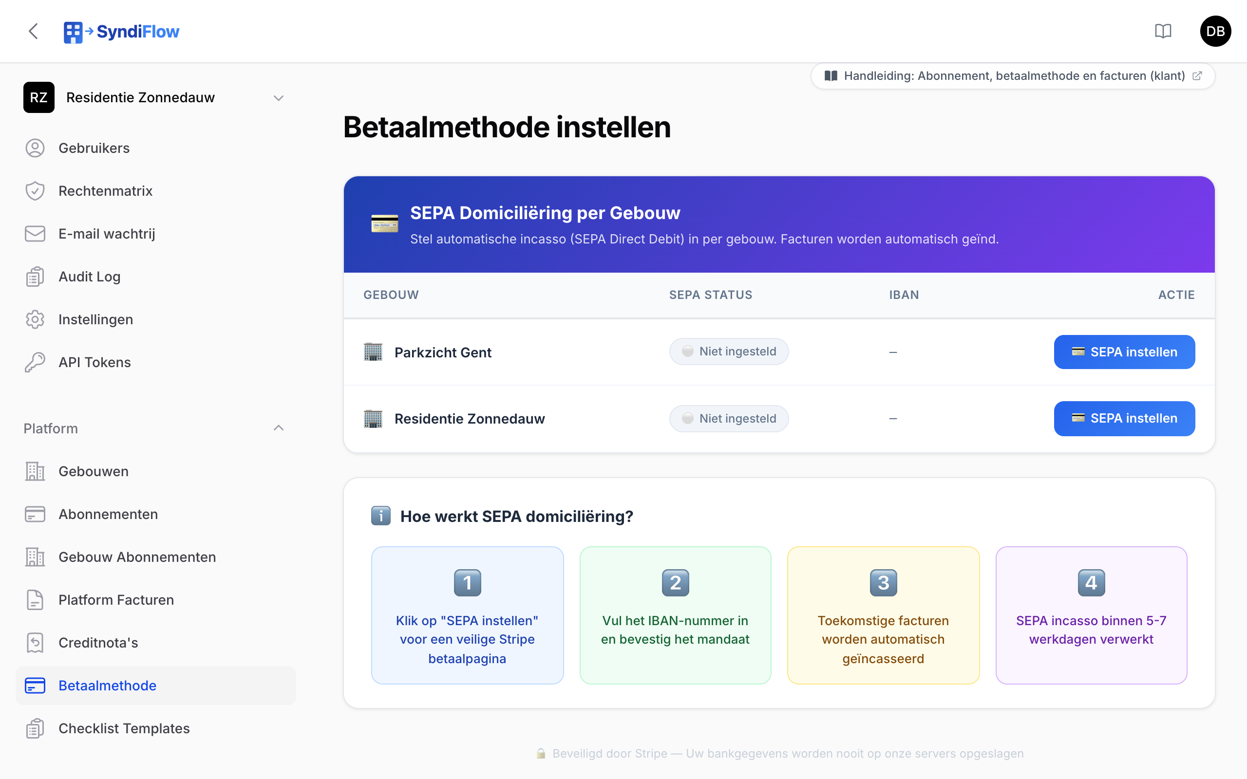 De pagina Betaalmethode met per gebouw de SEPA-status en de knop om de domiciliëring in te stellen