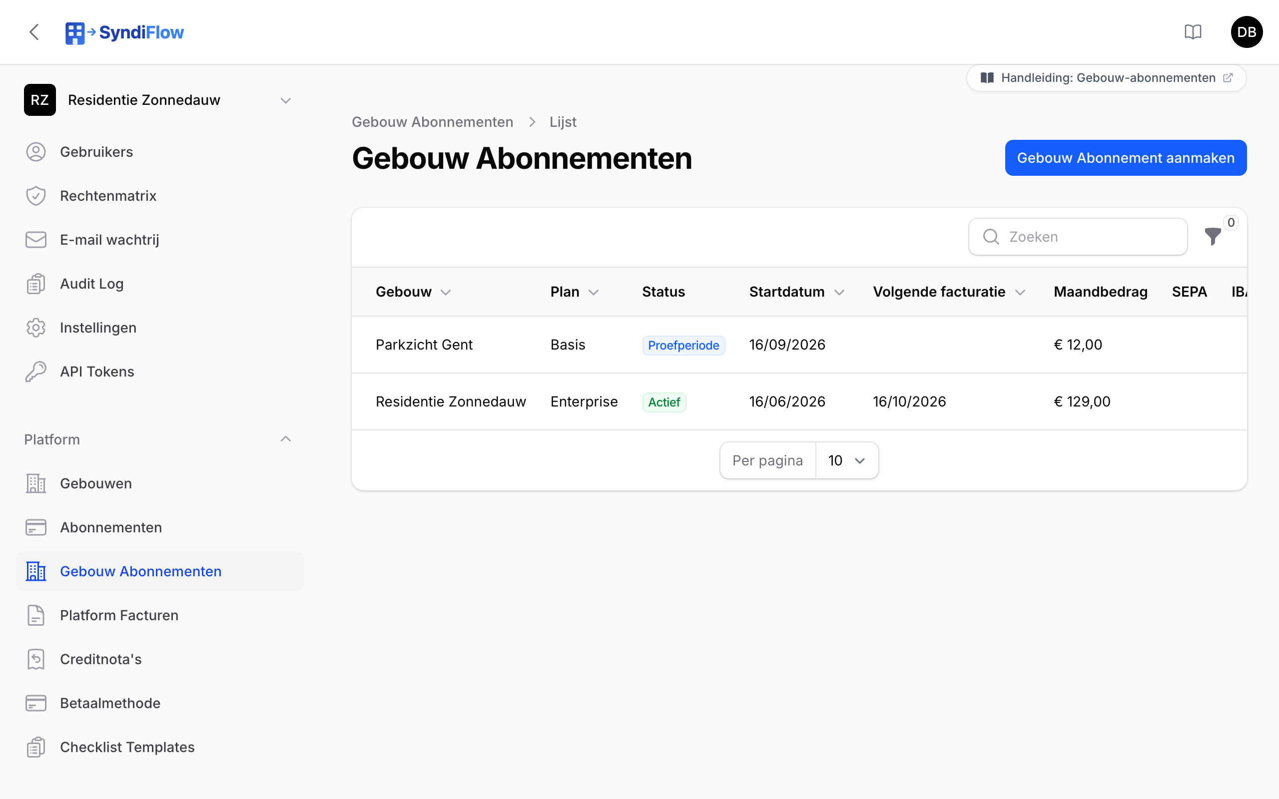 De lijst van gebouw-abonnementen met gebouw, plan, status, volgende facturatie, maandbedrag en SEPA-status