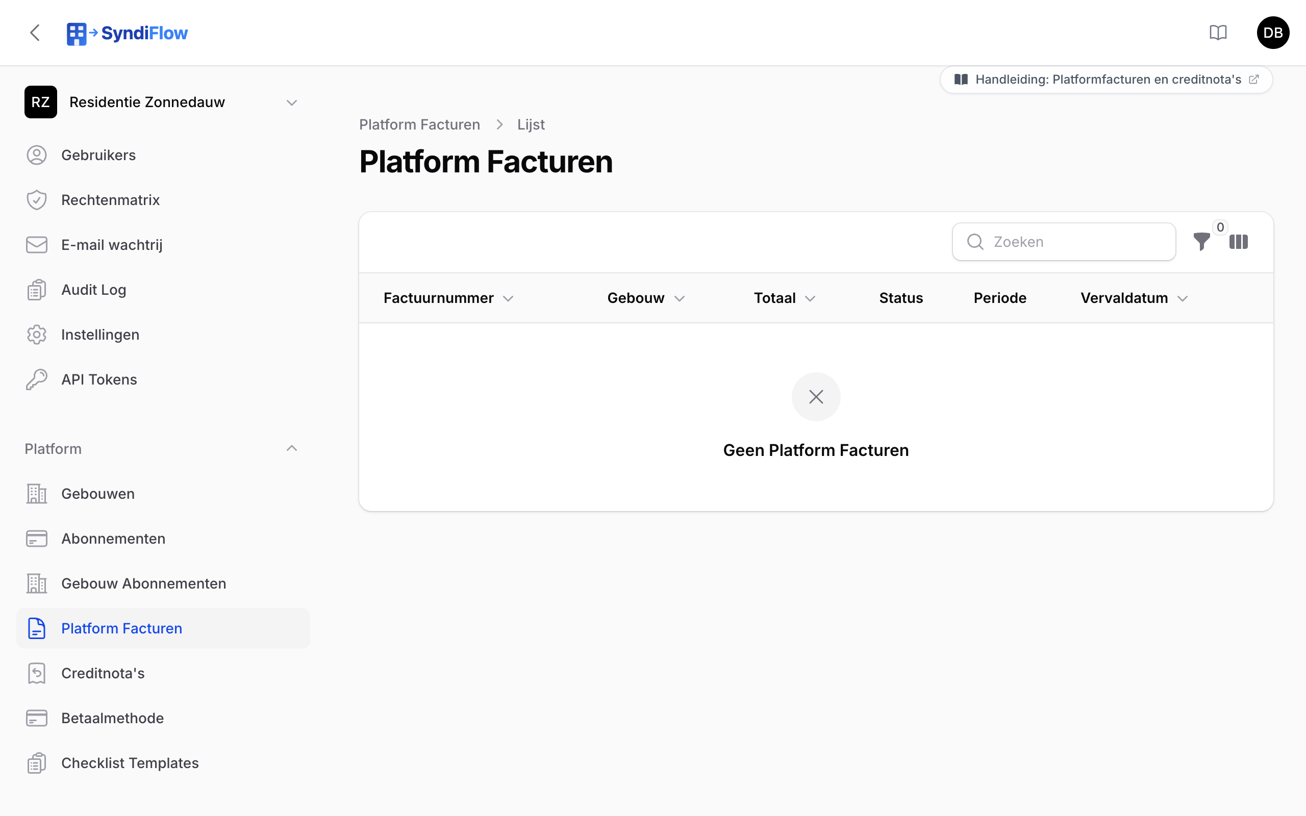 De lijst van platformfacturen met factuurnummer, gebouw, totaal, status, periode en vervaldatum